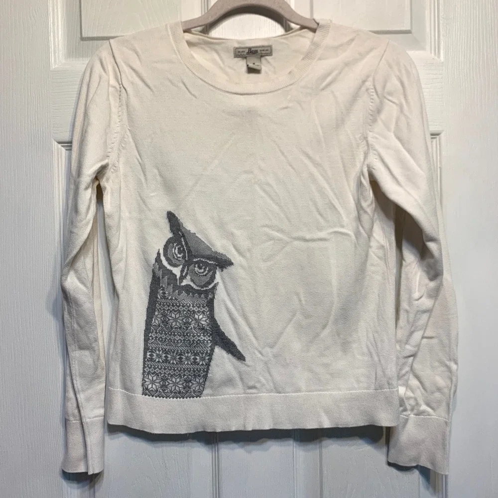Bass Owl Graphic Sweater Size Medium White Cotton Fair Isle Intarsia Crew Neck